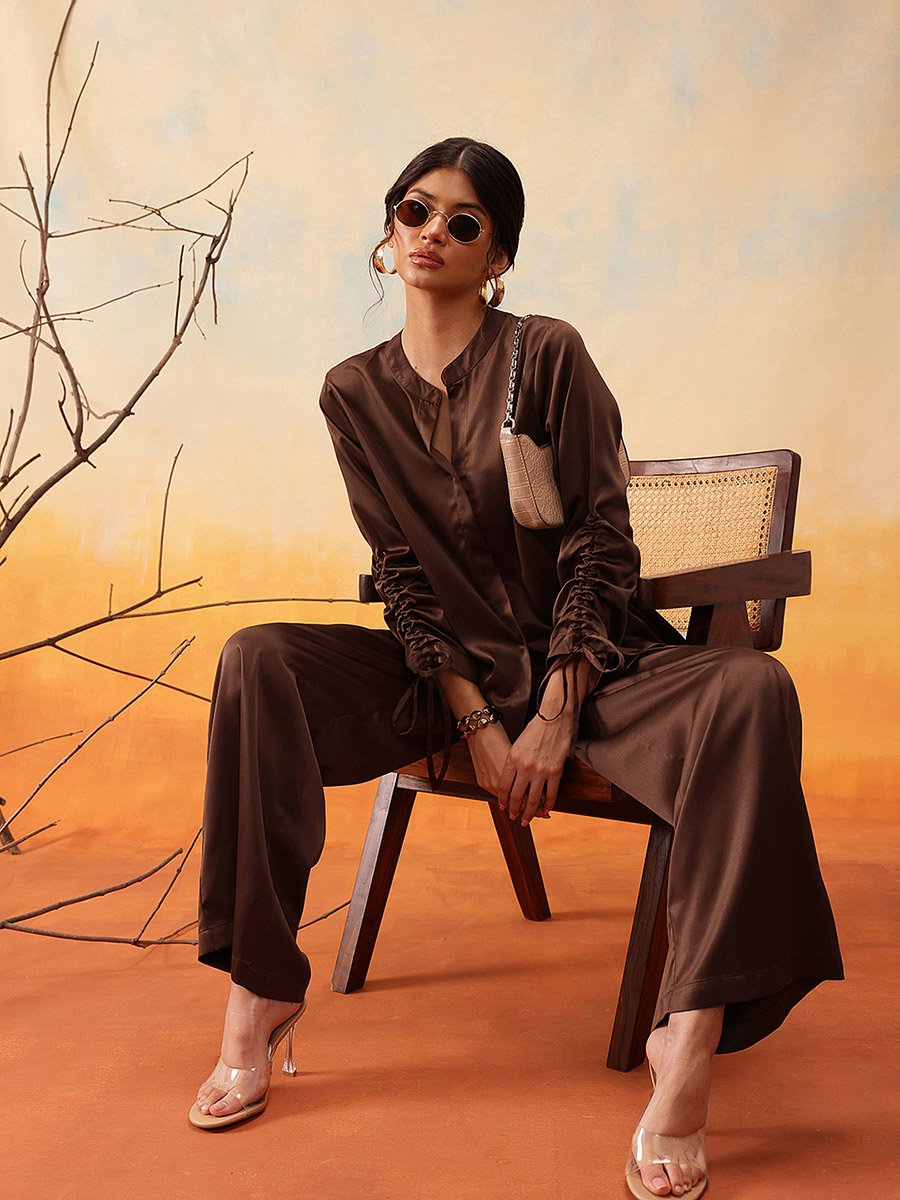Mandarin Collar Ruched Sleeve Shirt with Trouser Set