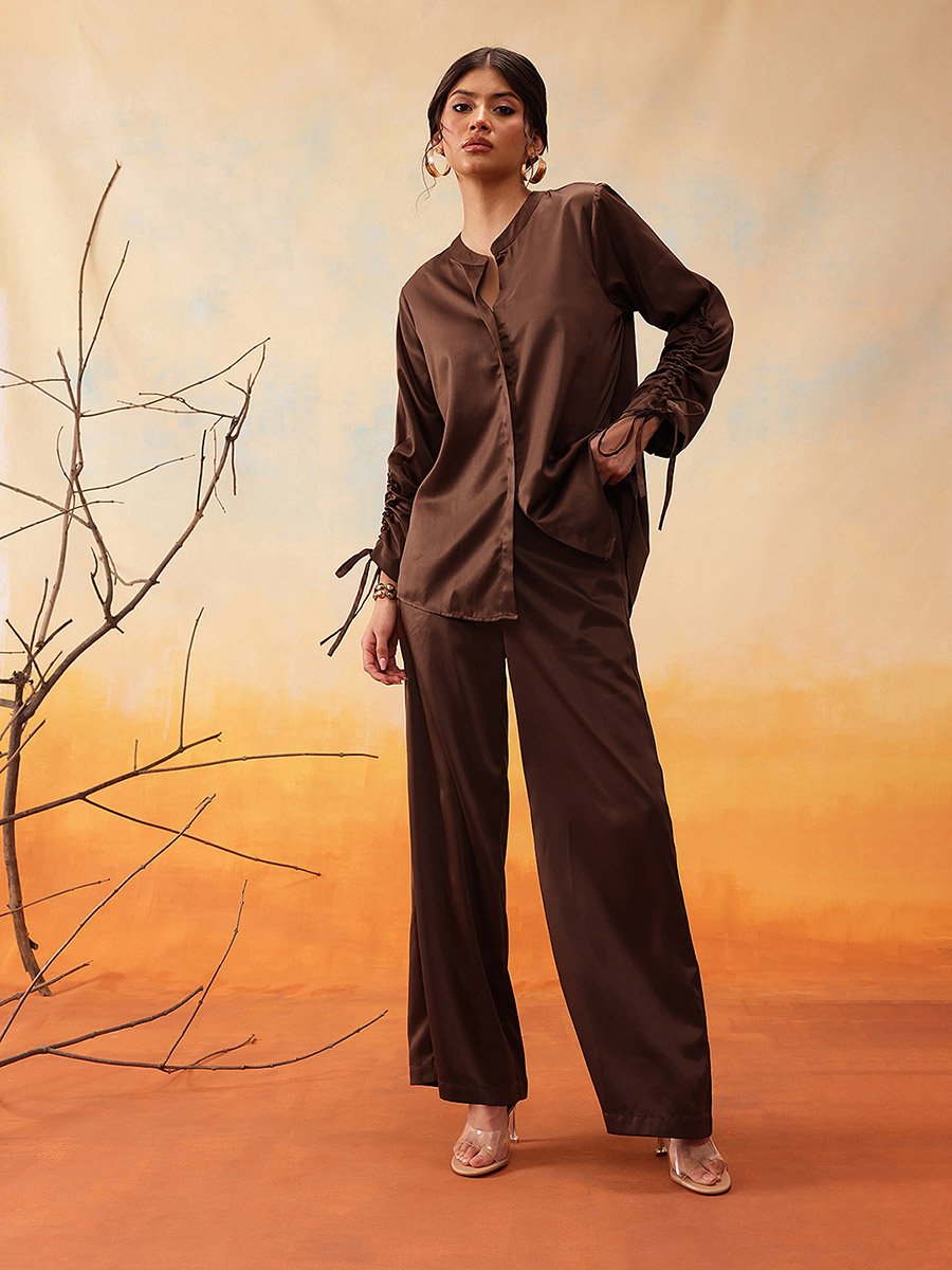 Mandarin Collar Ruched Sleeve Shirt with Trouser Set