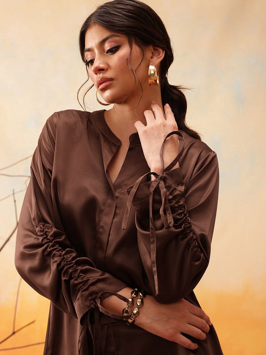 Mandarin Collar Ruched Sleeve Shirt with Trouser Set