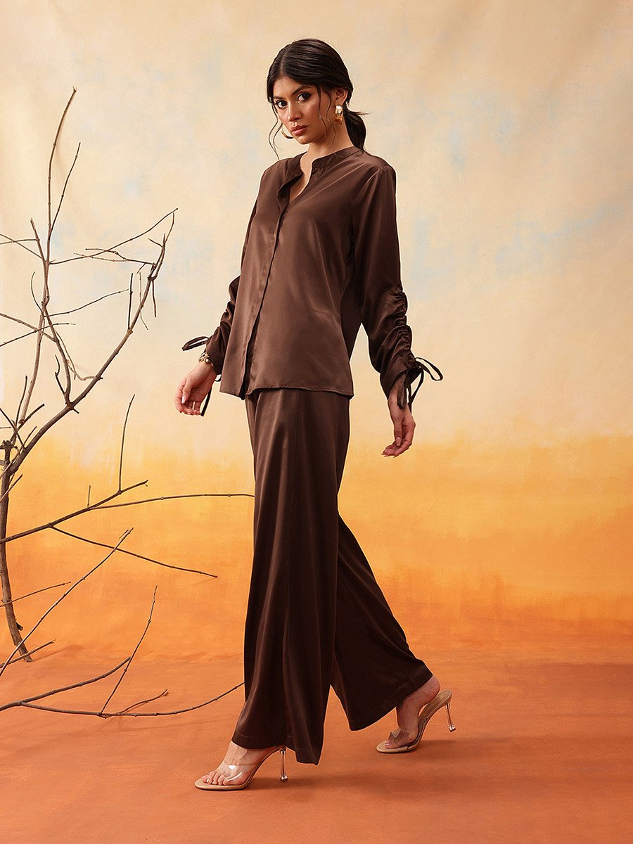 Mandarin Collar Ruched Sleeve Shirt with Trouser Set