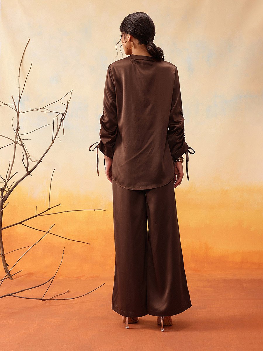 Mandarin Collar Ruched Sleeve Shirt with Trouser Set