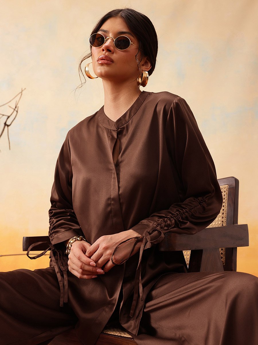 Mandarin Collar Ruched Sleeve Shirt with Trouser Set