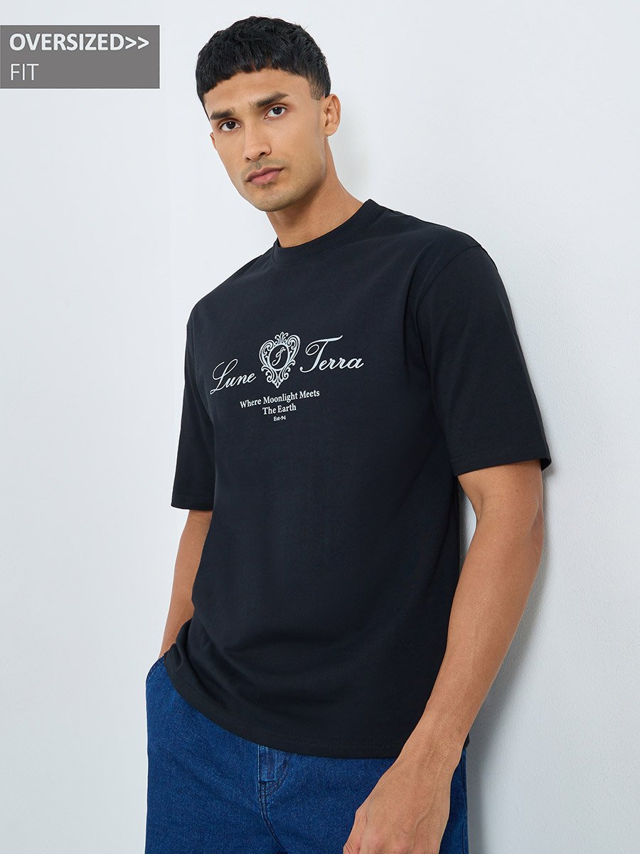 Men Black Graphic Print Oversized T-Shirt