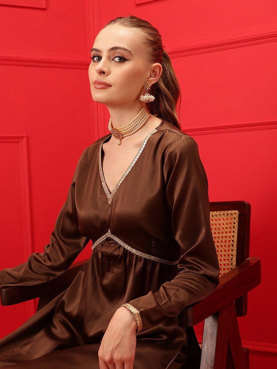 Solid V-Neck Satin Straight Kurta with Palazzo Set