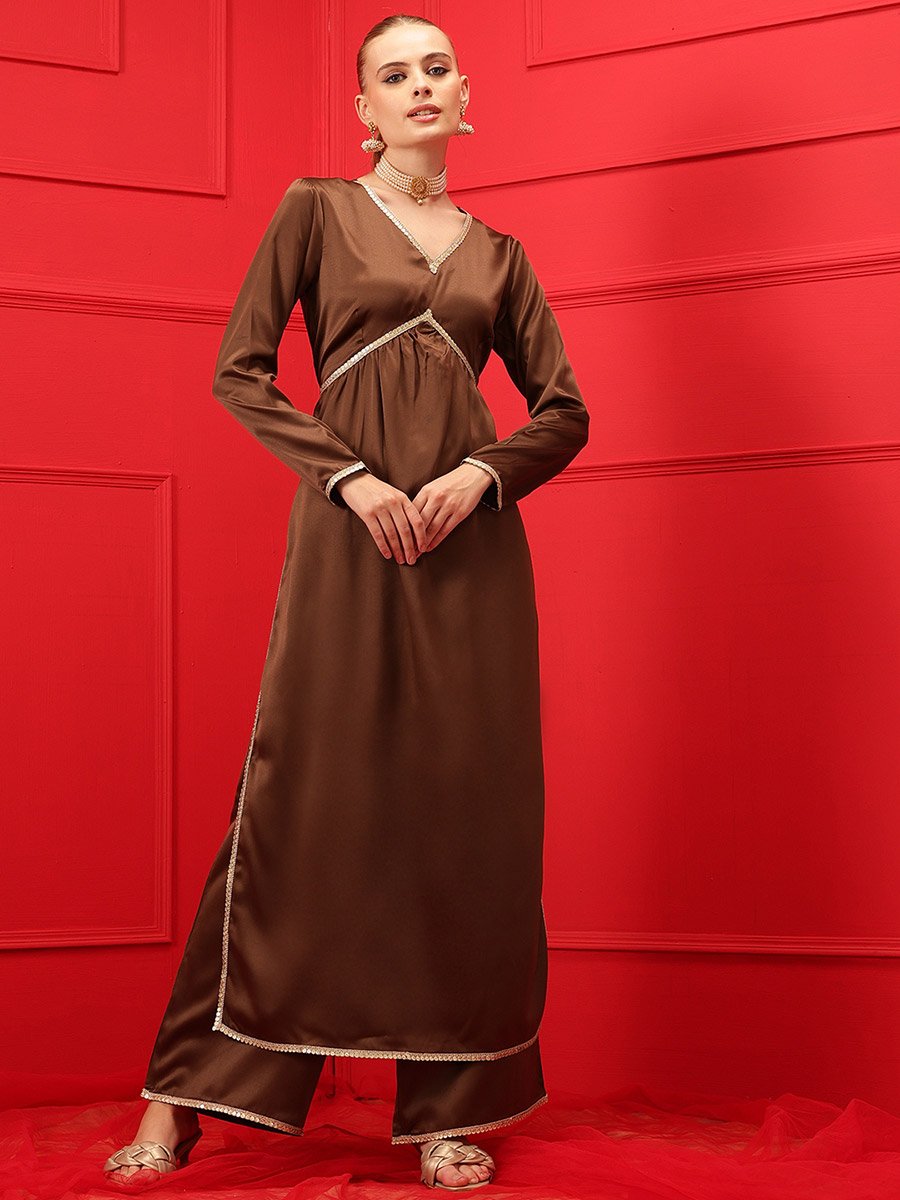 Solid V-Neck Satin Straight Kurta with Palazzo Set
