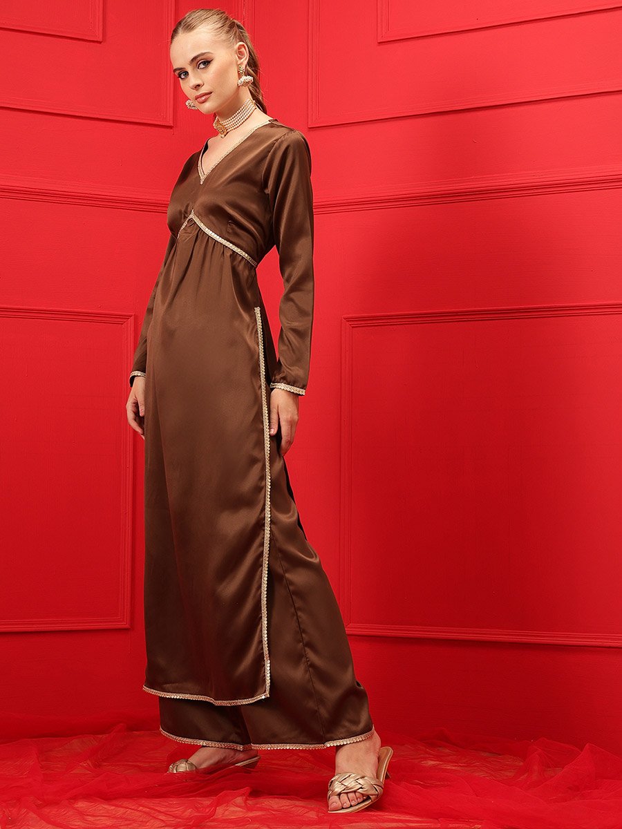 Solid V-Neck Satin Straight Kurta with Palazzo Set