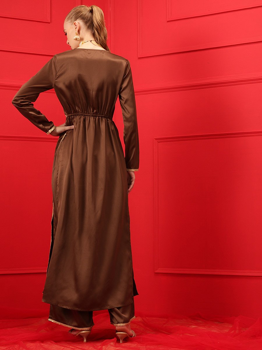 Solid V-Neck Satin Straight Kurta with Palazzo Set