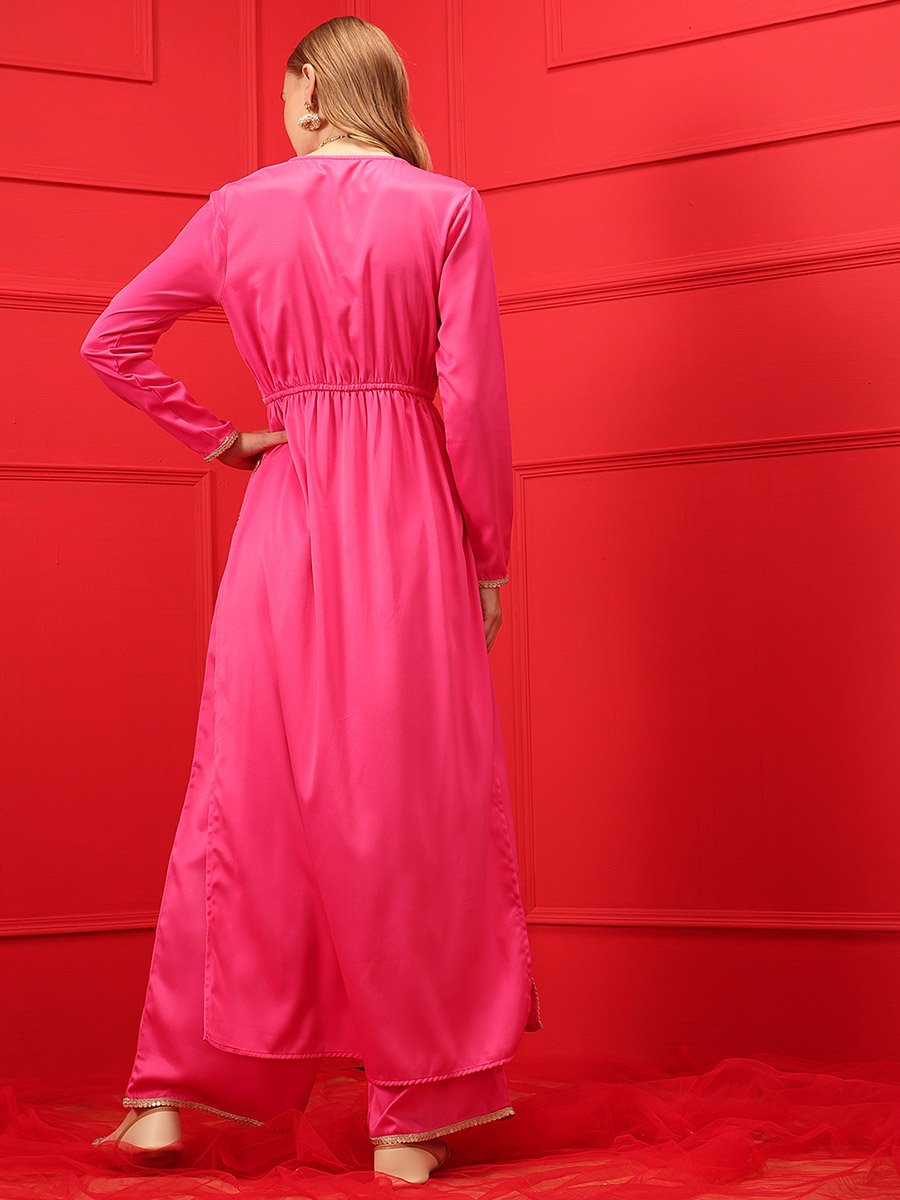 Satin V-Neck Straight Kurta with Palazzo Set