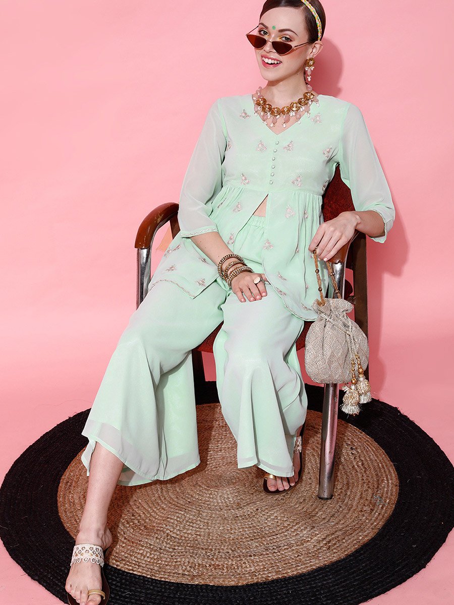 Green Floral Embroidered Pleated Thread Work Kurti and Palazzos Set
