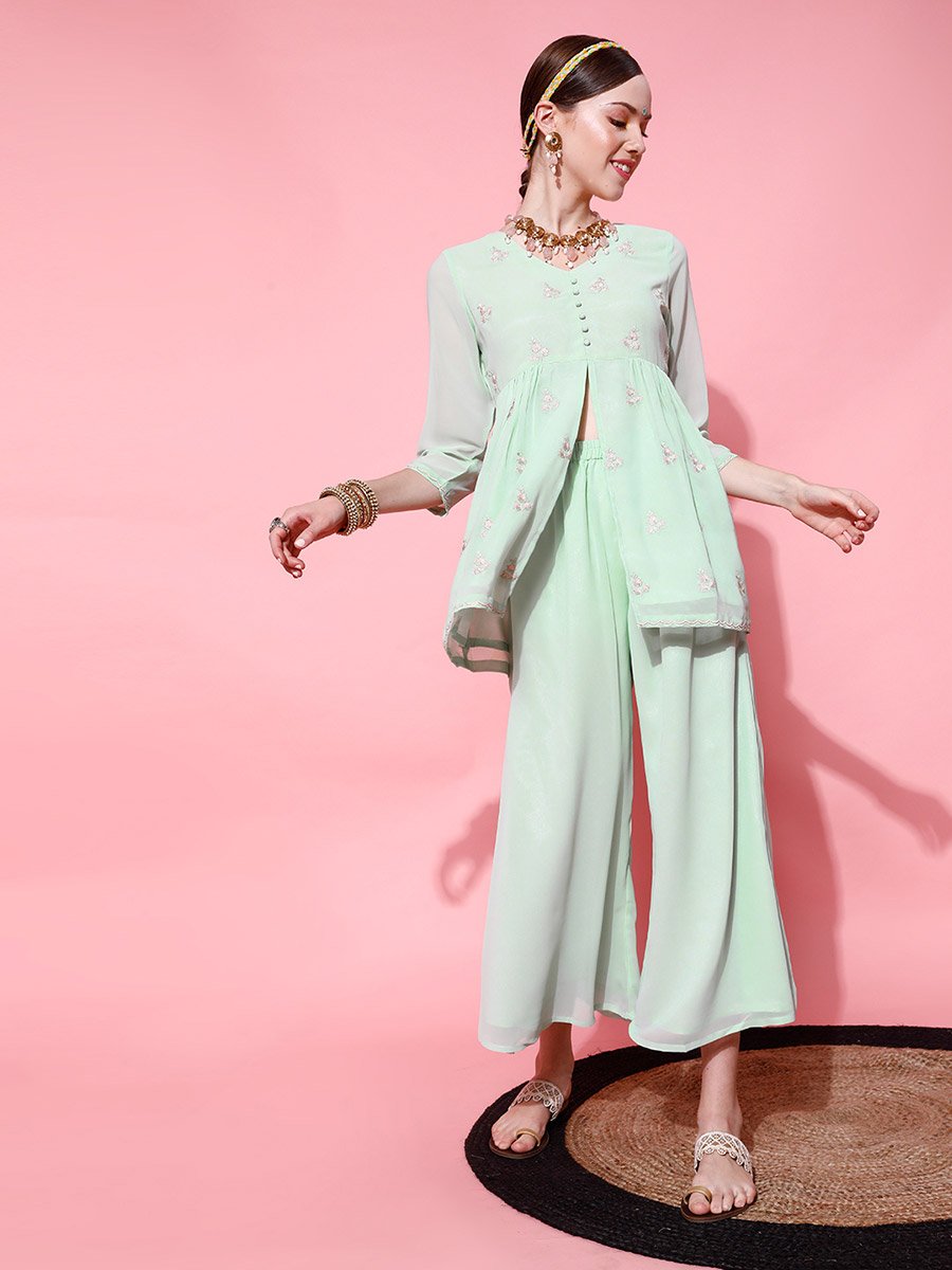 Green Floral Embroidered Pleated Thread Work Kurti and Palazzos Set
