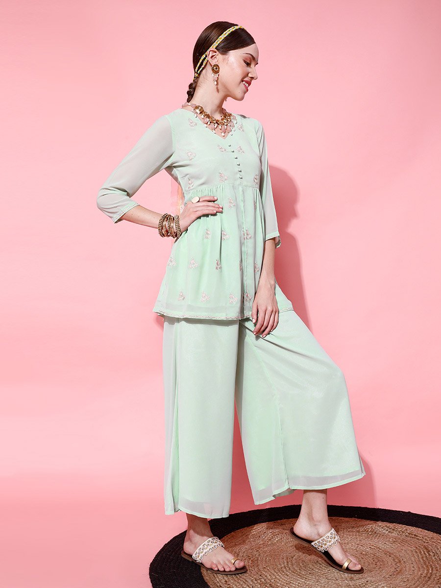 Green Floral Embroidered Pleated Thread Work Kurti and Palazzos Set