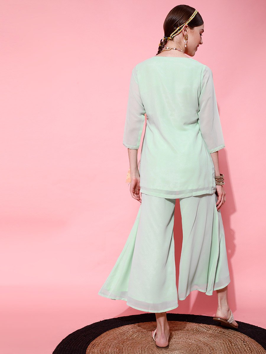 Green Floral Embroidered Pleated Thread Work Kurti and Palazzos Set