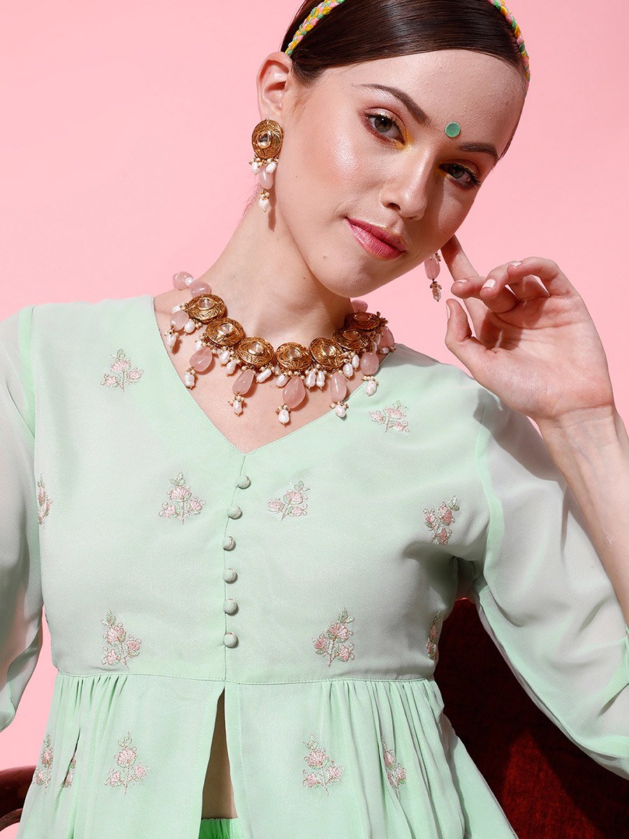 Green Floral Embroidered Pleated Thread Work Kurti and Palazzos Set