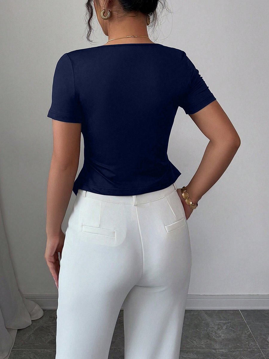 Navy Blue Square Neck Button Front Top