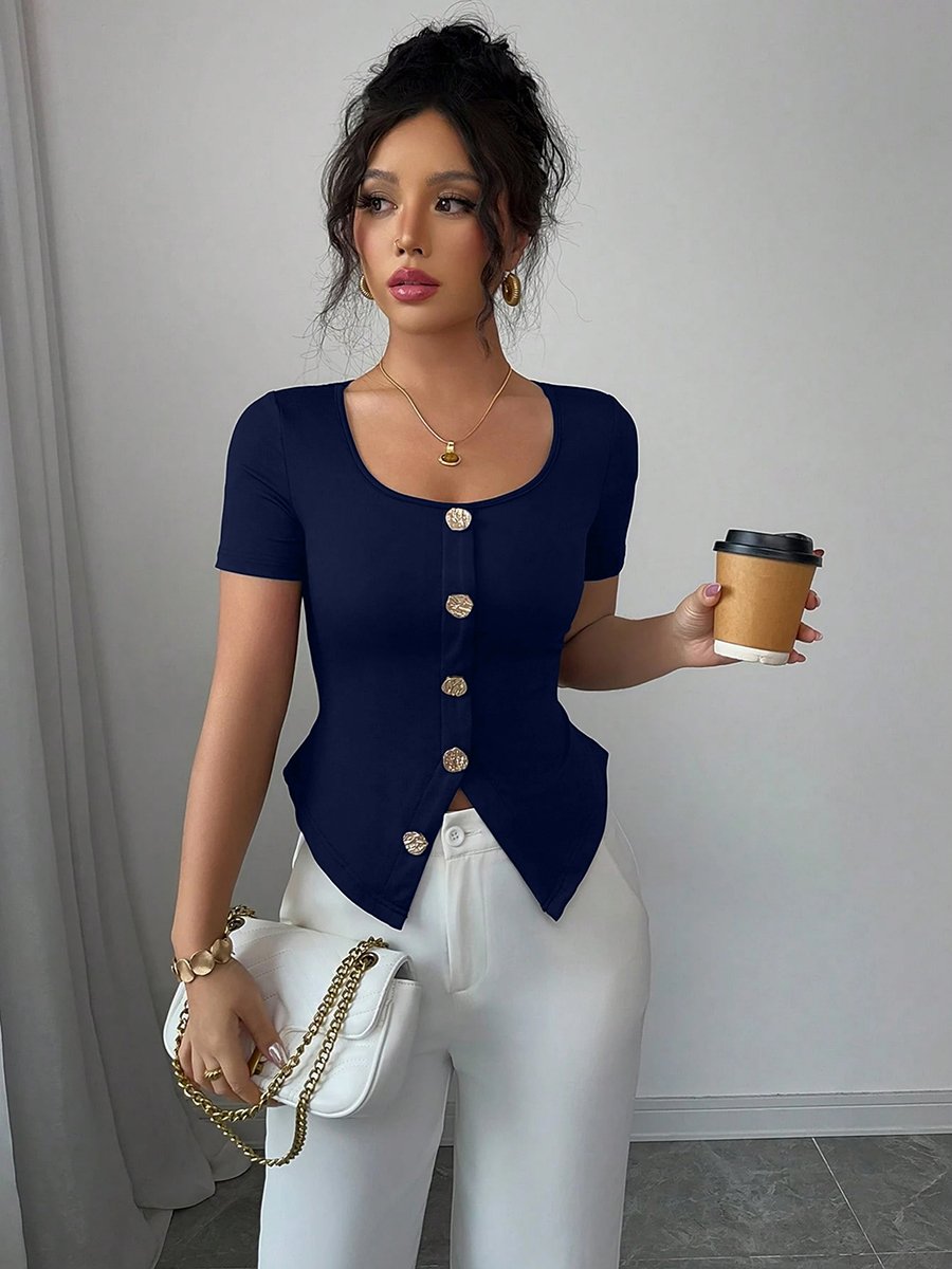 Navy Blue Square Neck Button Front Top