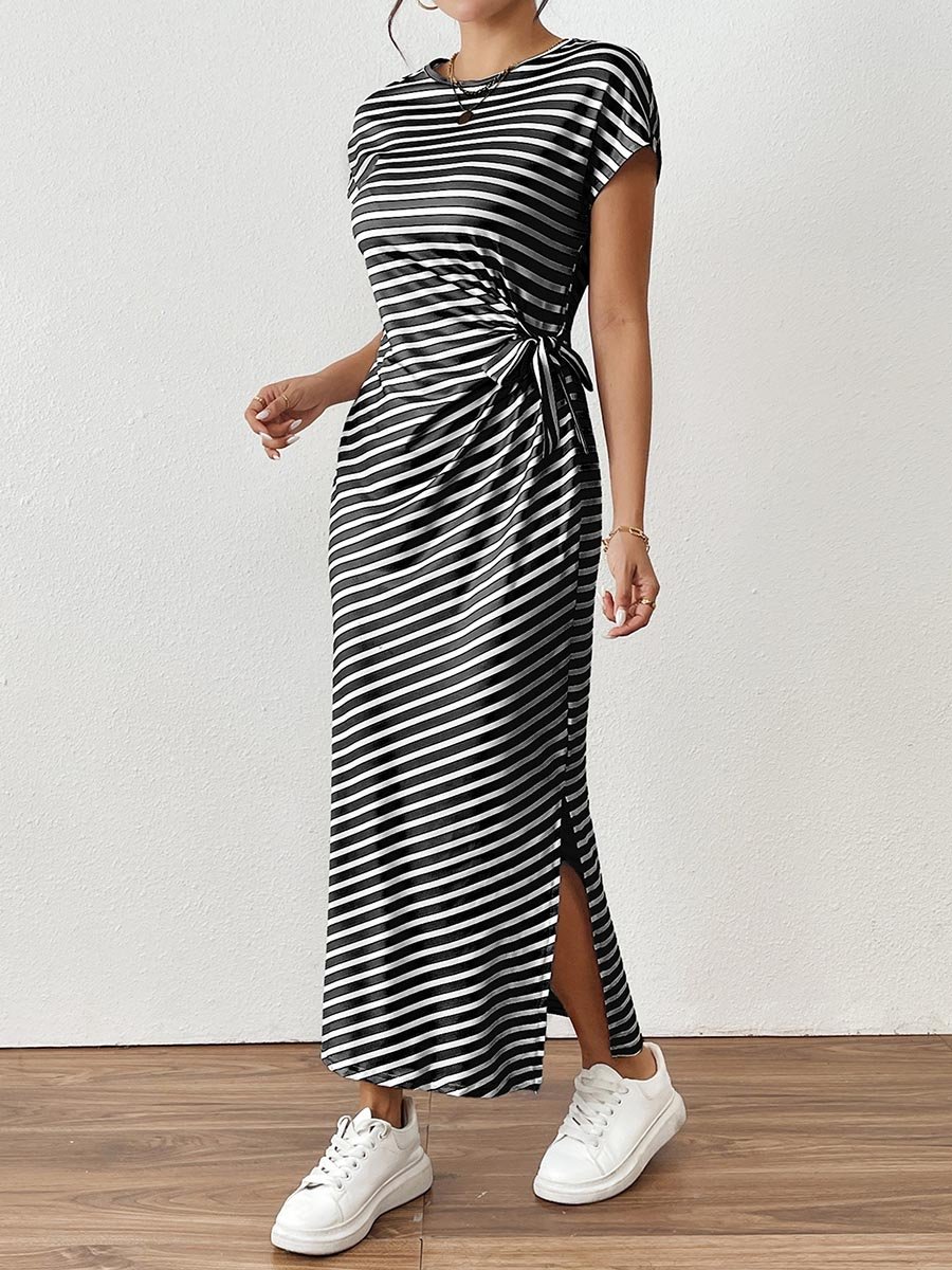 Black Striped Maxi Dress with Bow Tie-Detail