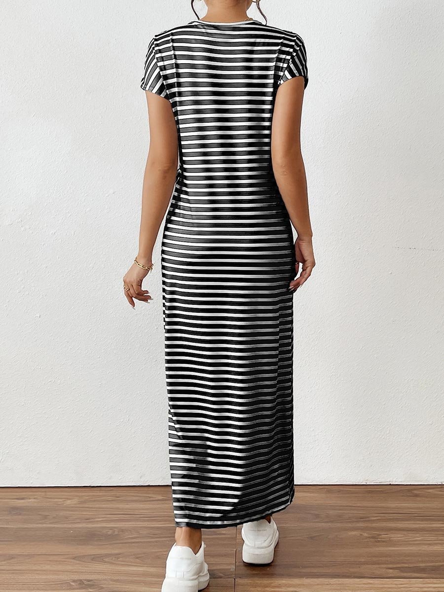 Black Striped Maxi Dress with Bow Tie-Detail