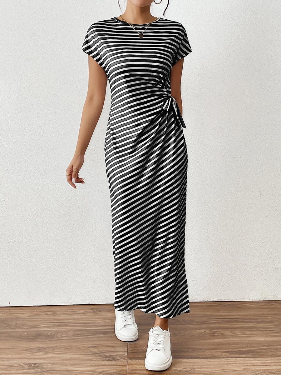 Black Striped Maxi Dress with Bow Tie-Detail