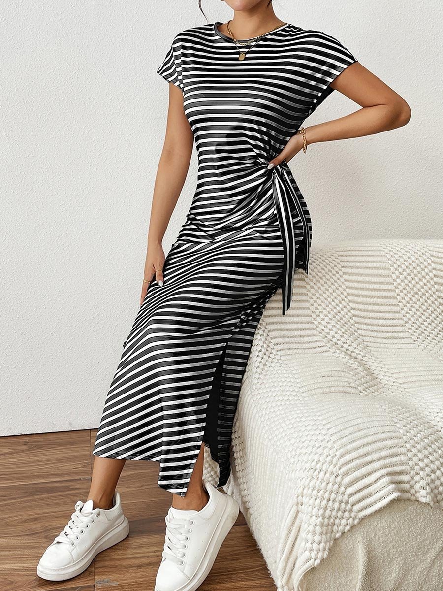 Black Striped Maxi Dress with Bow Tie-Detail