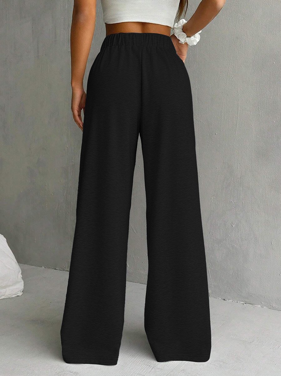 Black Solid Elastic Waist Wide Leg Joggers