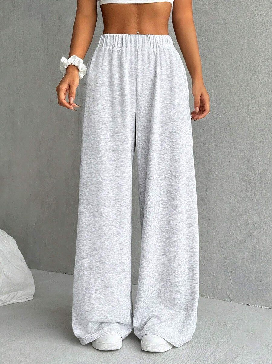 Grey Solid Elastic Waist Wide Leg Joggers