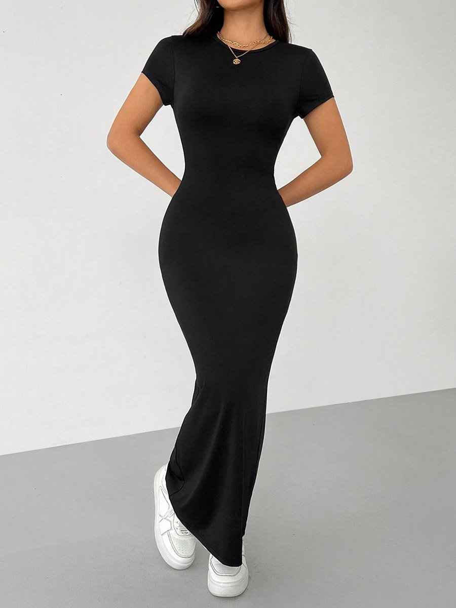  Solid Short Sleeve Bodycon Maxi Dress