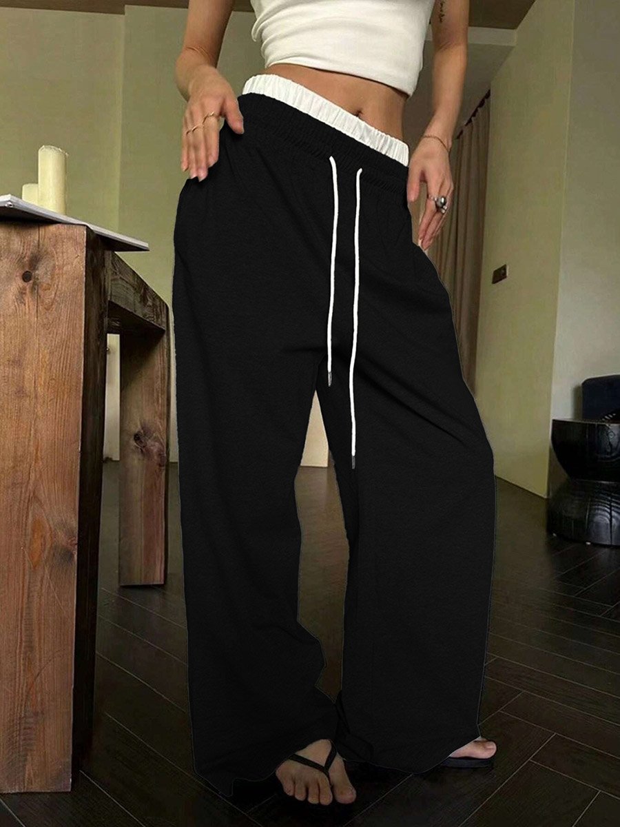Black Solid Elastic Drawstring Waist Wide Leg Joggers