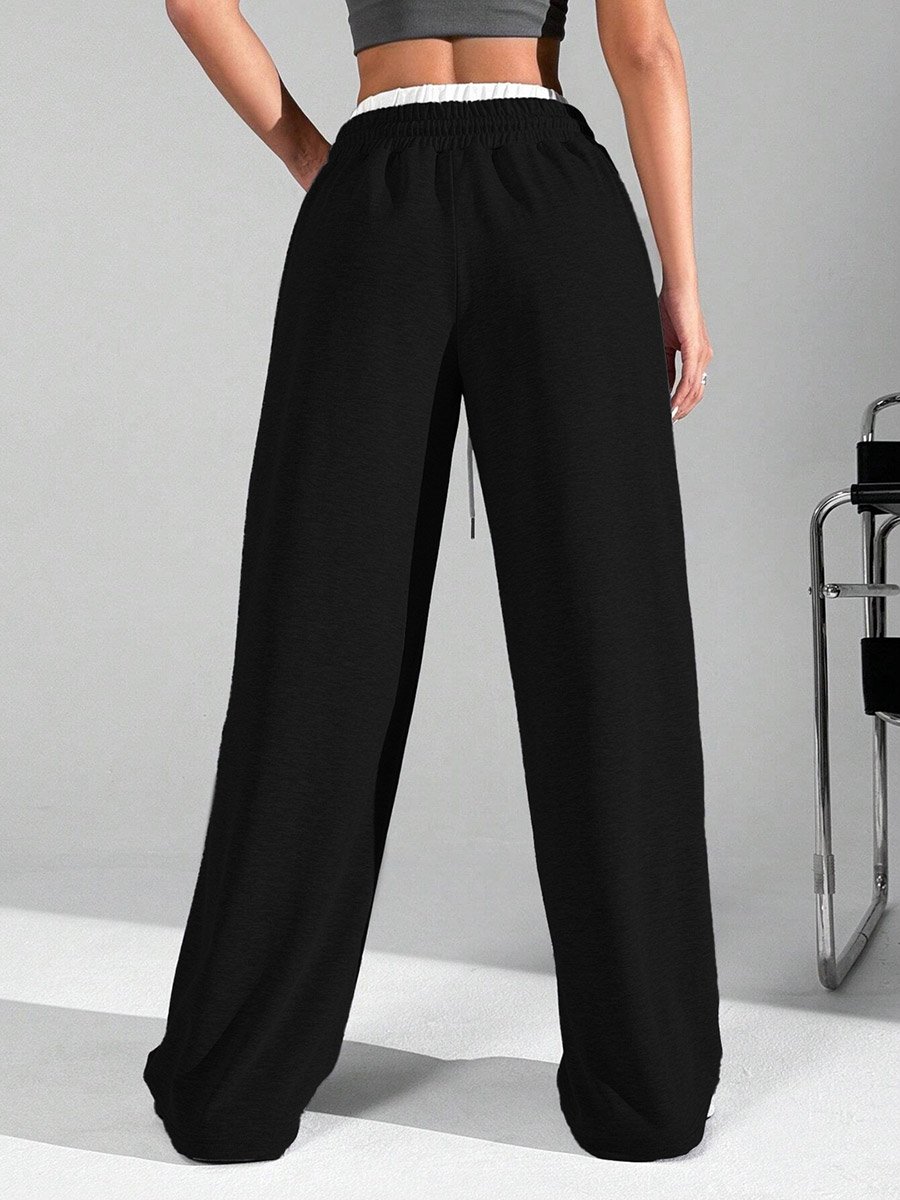 Black Solid Elastic Drawstring Waist Wide Leg Joggers