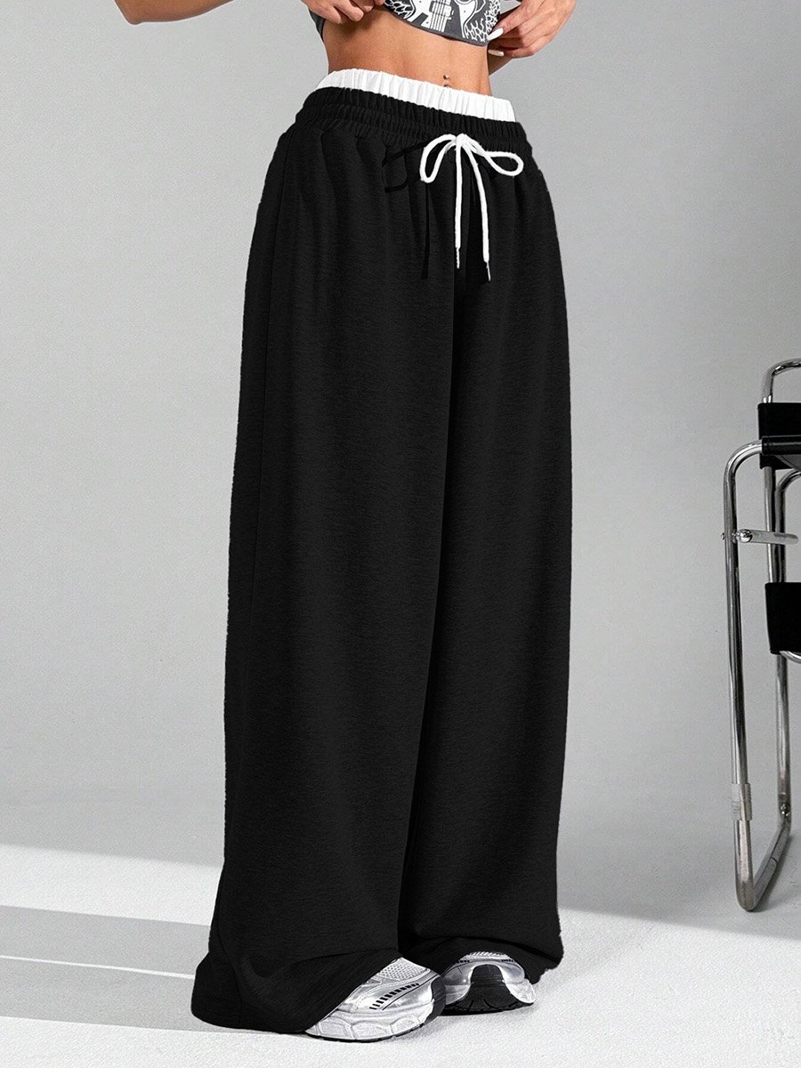 Black Solid Elastic Drawstring Waist Wide Leg Joggers