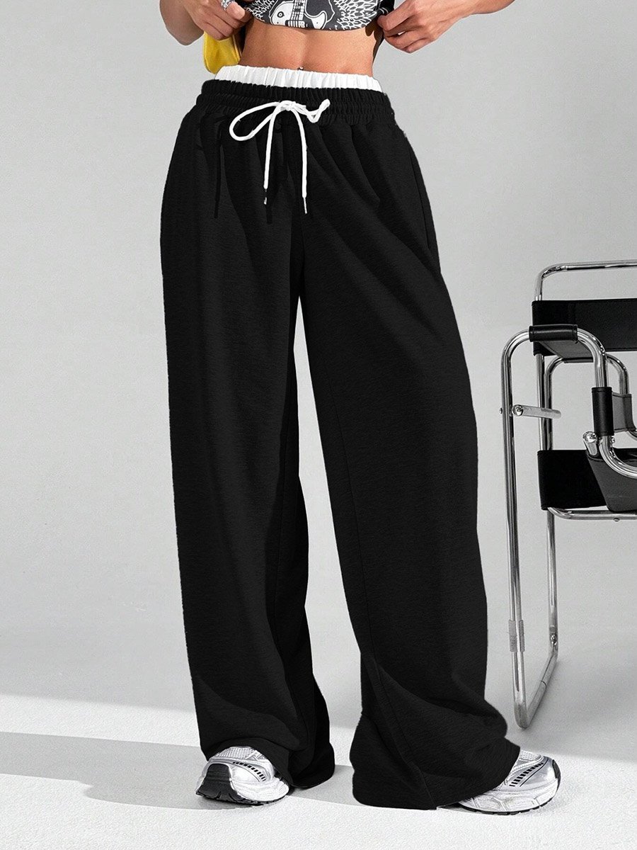 Black Solid Elastic Drawstring Waist Wide Leg Joggers