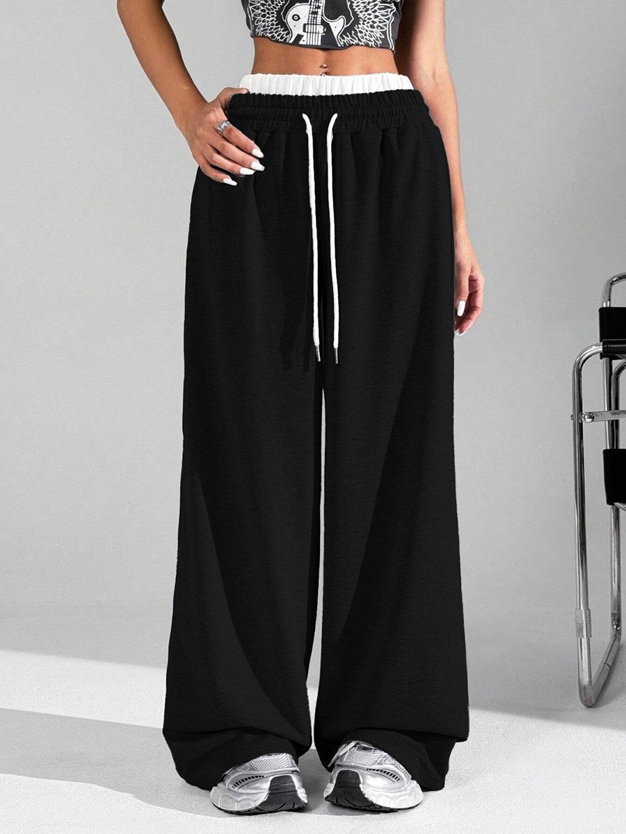 Black Solid Elastic Drawstring Waist Wide Leg Joggers