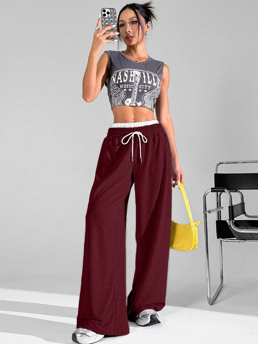 Burgundy Solid Elastic Drawstring Waist Wide Leg Joggers