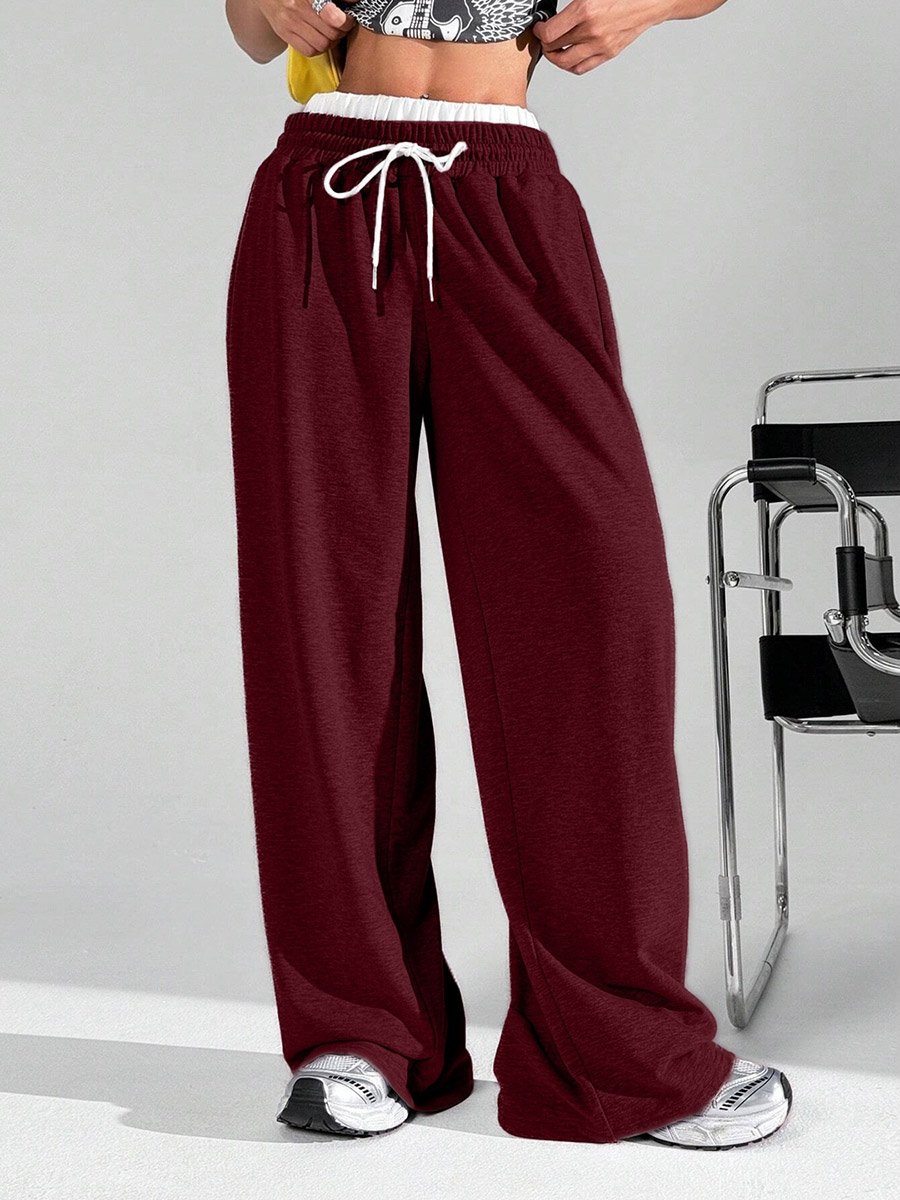 Burgundy Solid Elastic Drawstring Waist Wide Leg Joggers