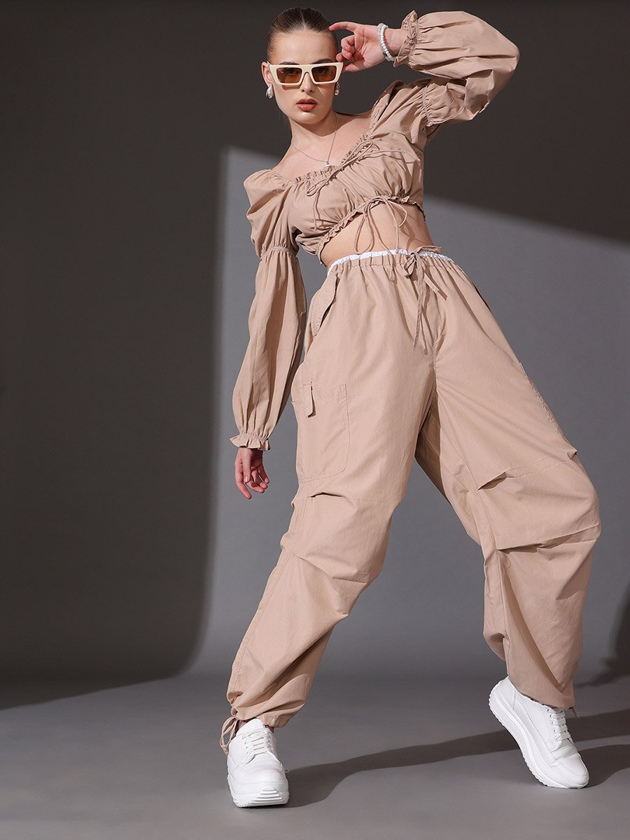 Women Beige Cotton Loose Fit Trousers