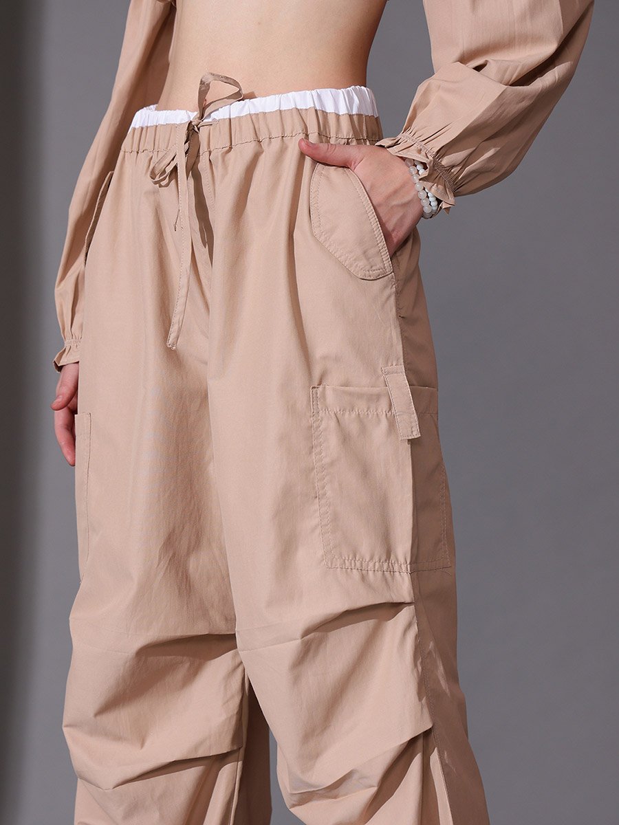 Women Beige Cotton Loose Fit Trousers
