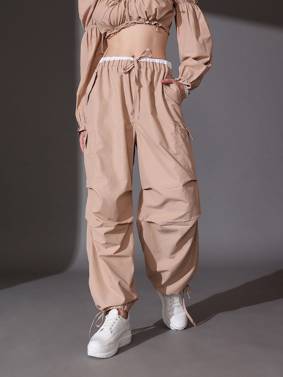 Women Beige Cotton Loose Fit Trousers