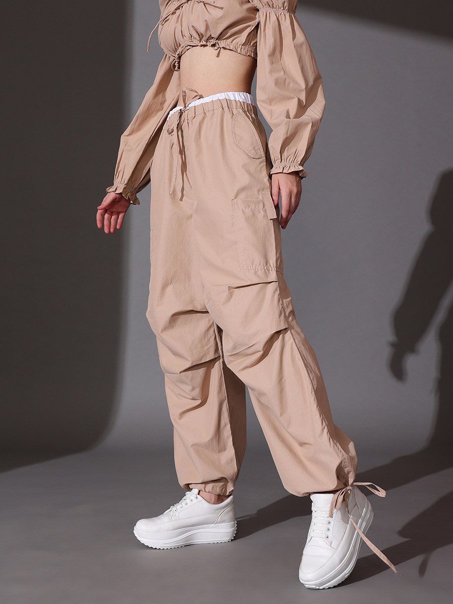 Women Beige Cotton Loose Fit Trousers