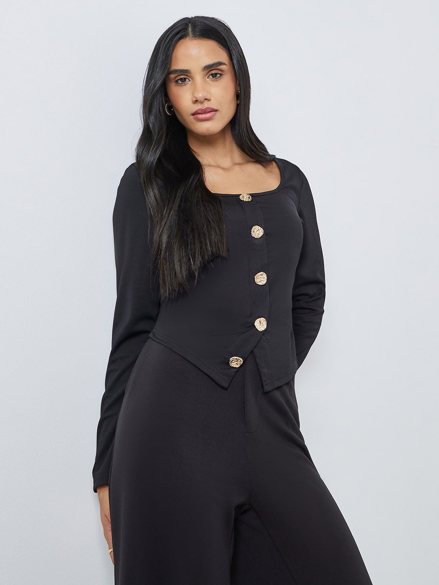 Knitted Square Neck Buttoned Top