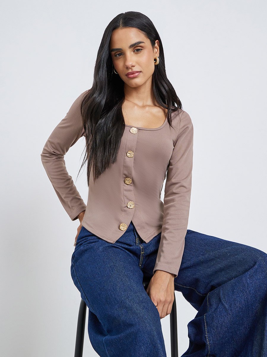 Solid Square Neck Buttoned Top