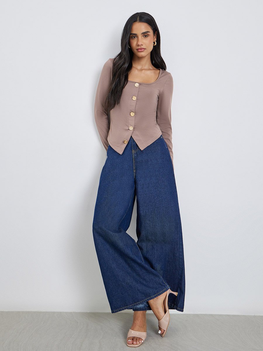 Solid Square Neck Buttoned Top