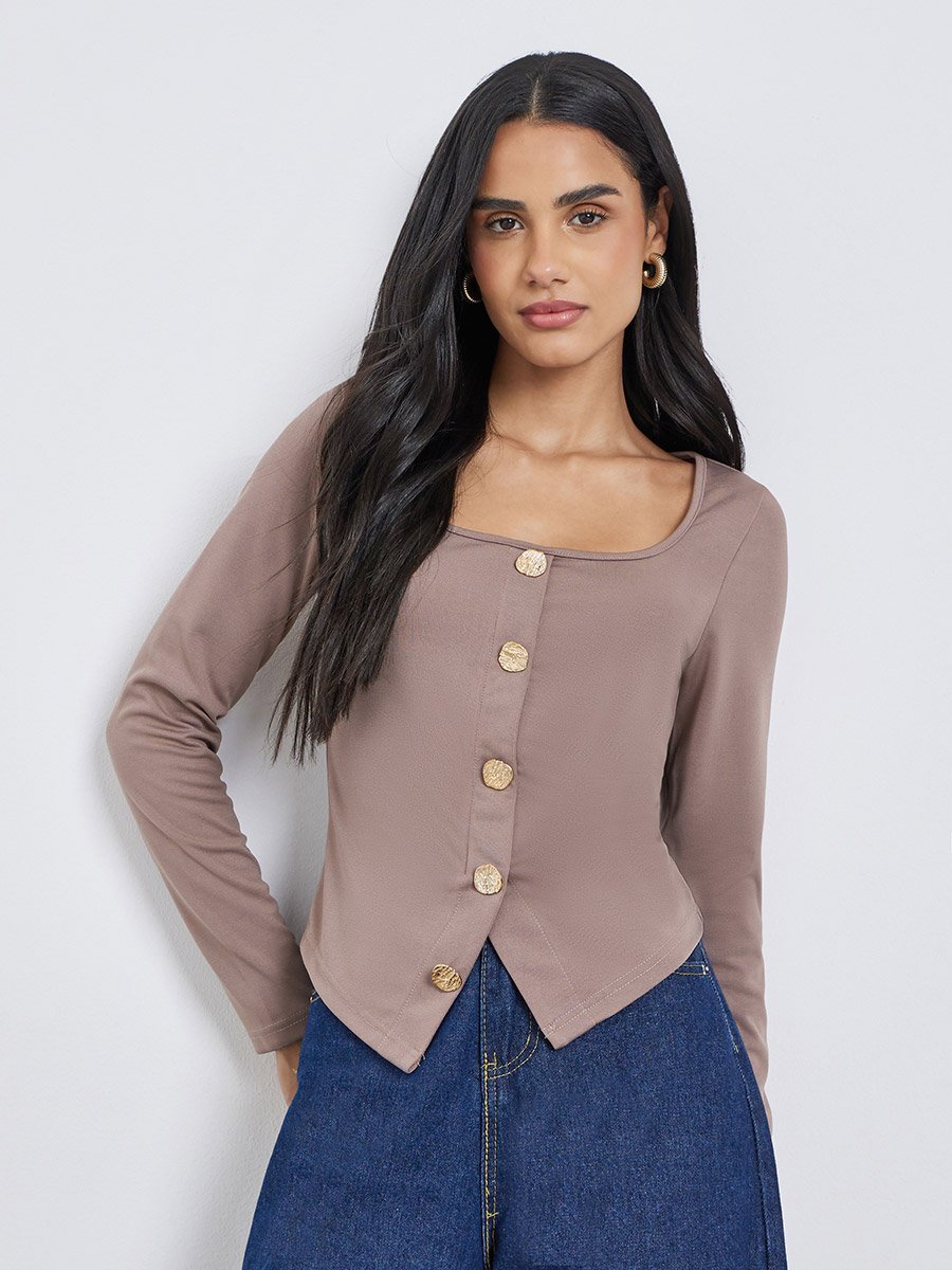 Solid Square Neck Buttoned Top