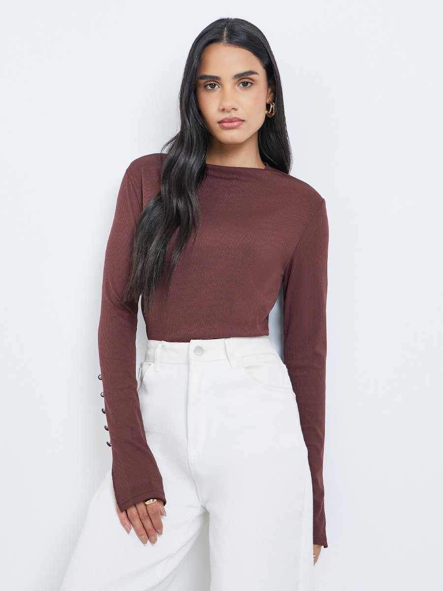 Textured Regular Fit Sleeve Slit Detail Top