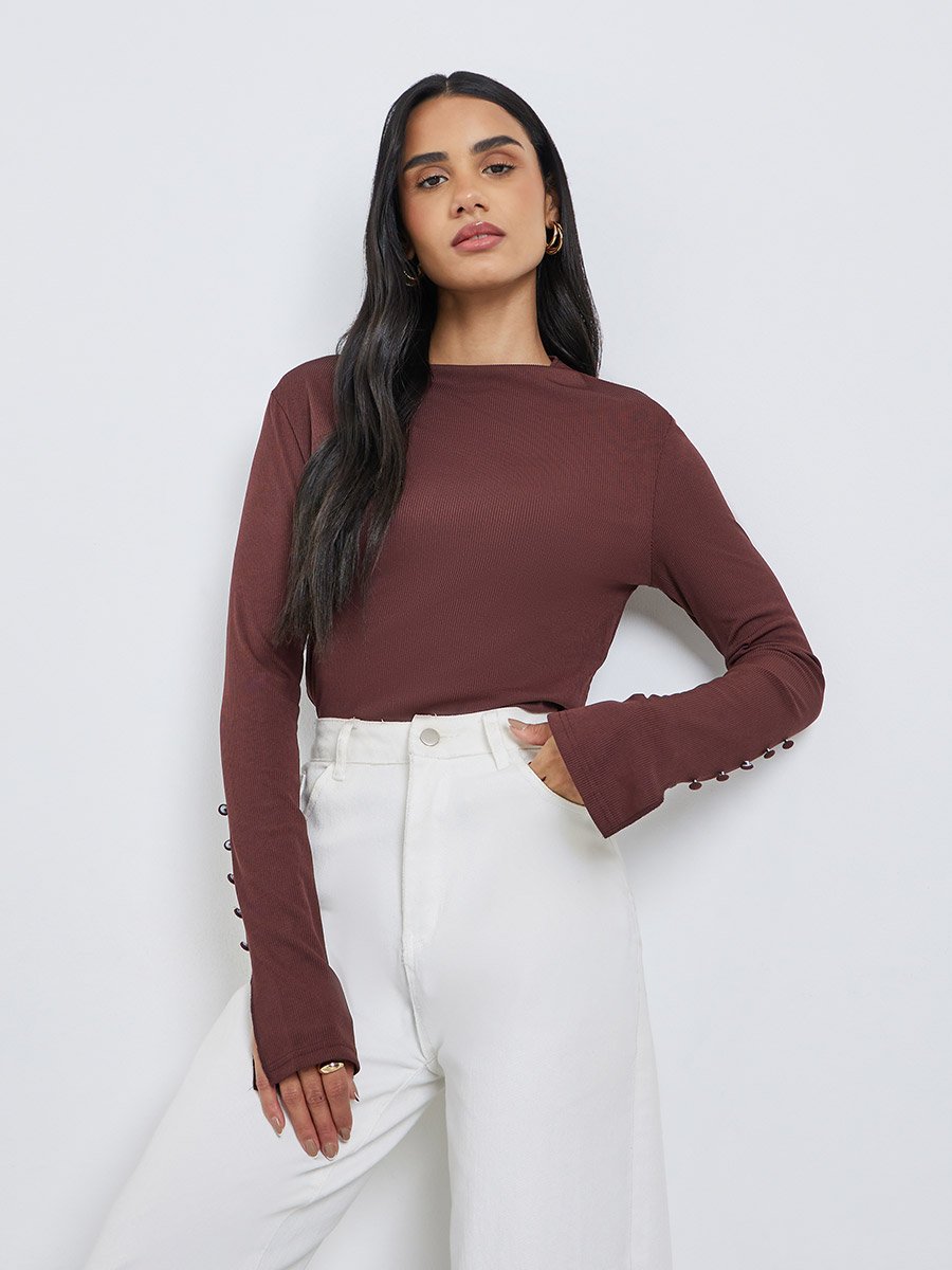 Textured Regular Fit Sleeve Slit Detail Top