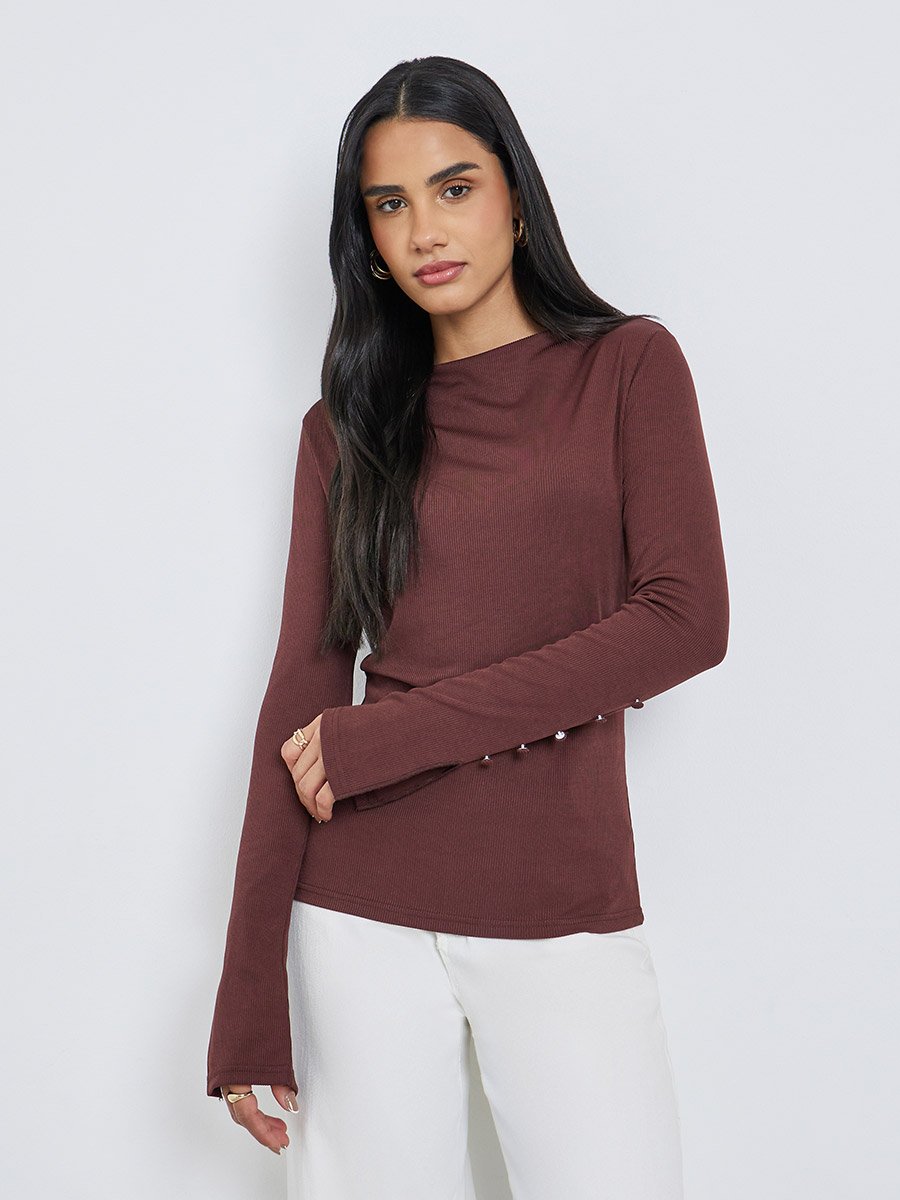Textured Regular Fit Sleeve Slit Detail Top
