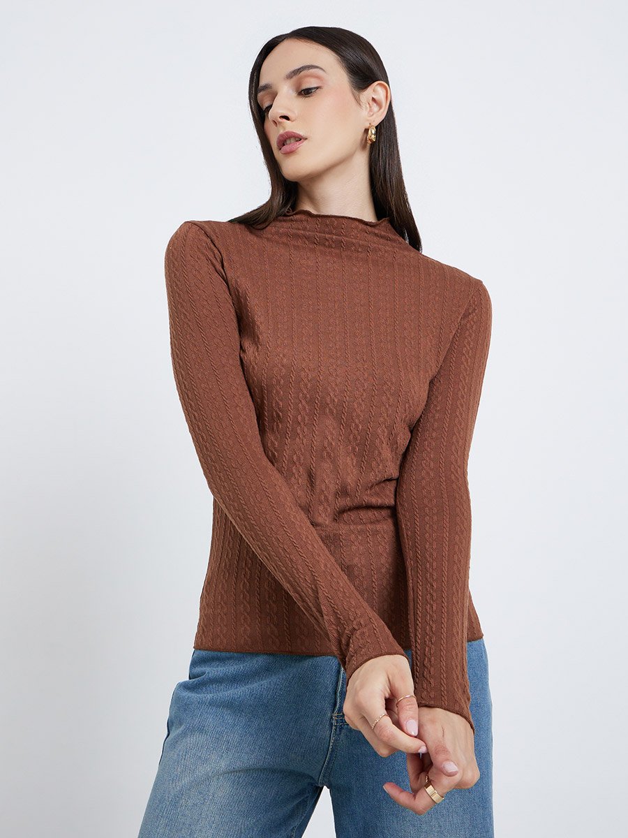 Brown Mock Neck Textured Knit Fitted Blouse