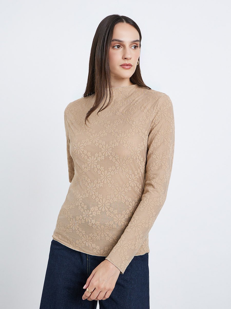 Women Brown Floral Textured Knit Top