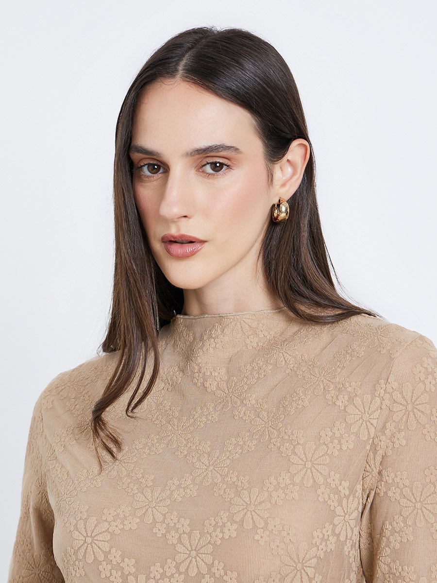 Women Brown Floral Textured Knit Top