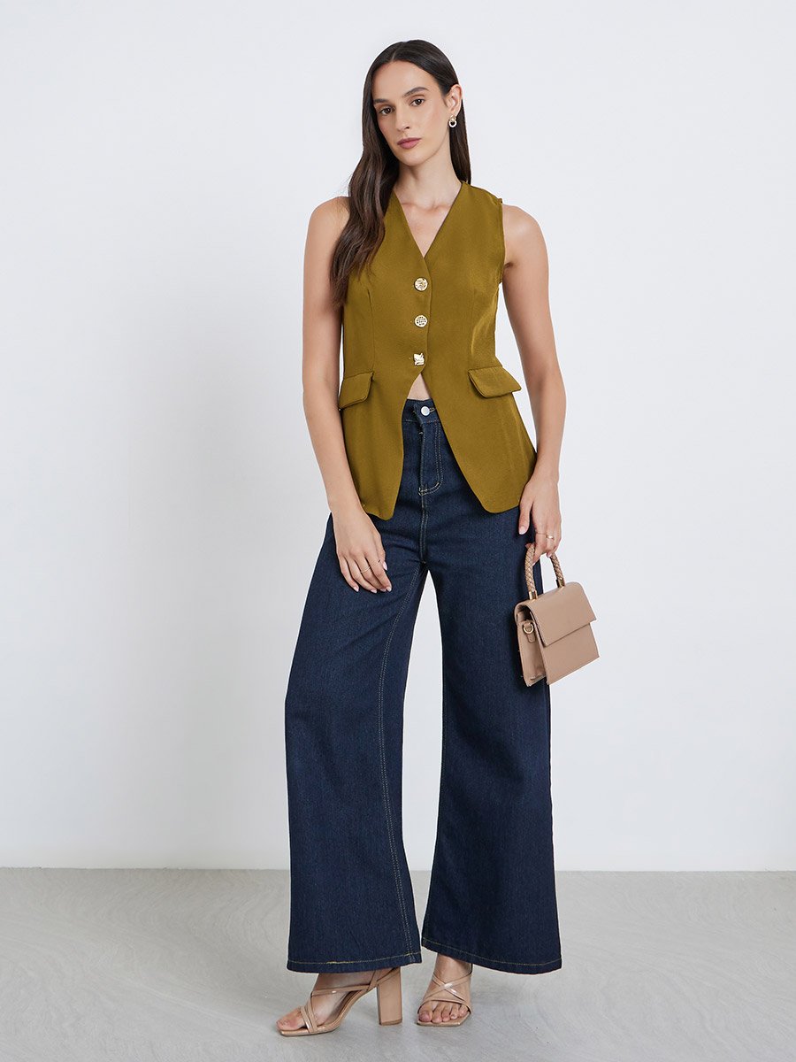Solid Tailored Sleeveless Buttoned Vest