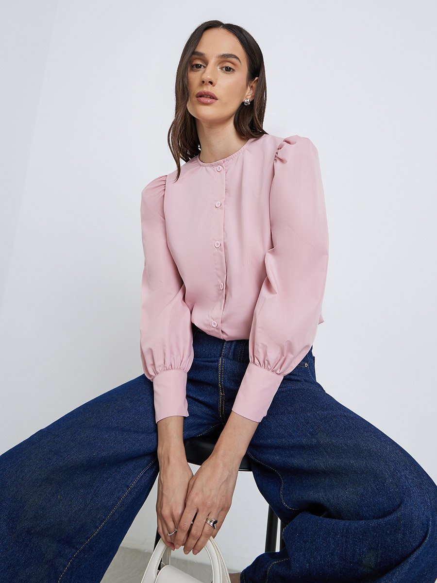 Solid Balloon Sleeve Buttoned Blouse
