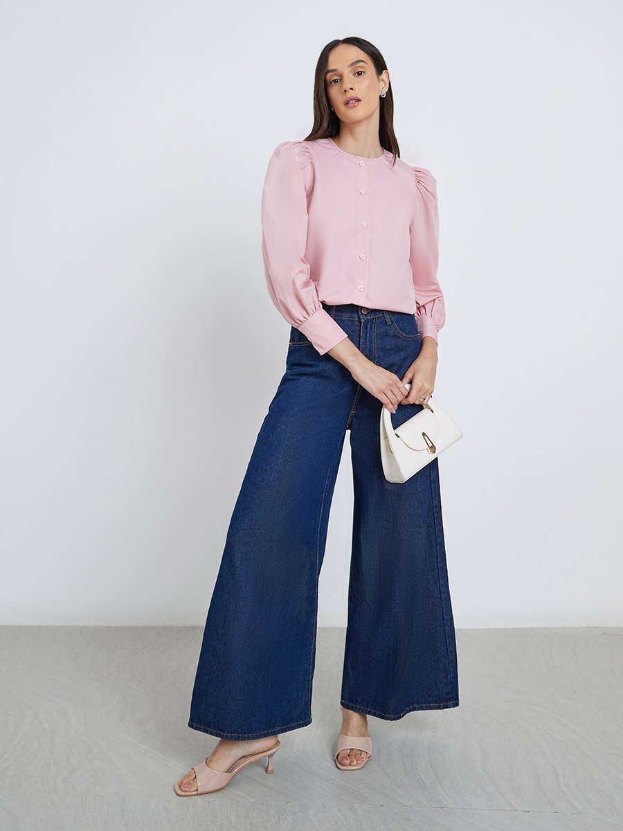 Solid Balloon Sleeve Buttoned Blouse